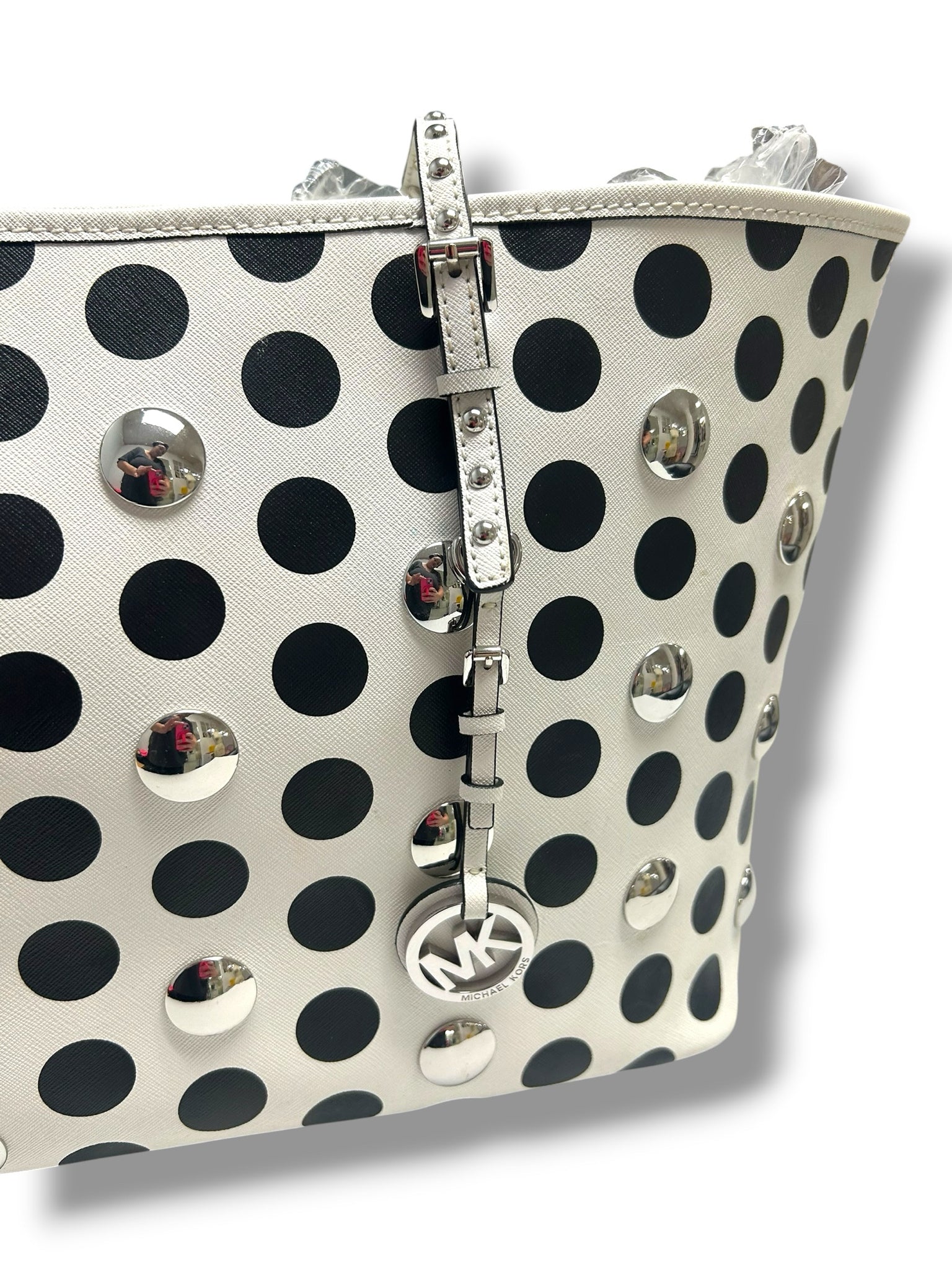 MICHAEL KORS JET SET POLKA DOT SILVER STUDDED TRAVEL BLACK WHITE TOTE