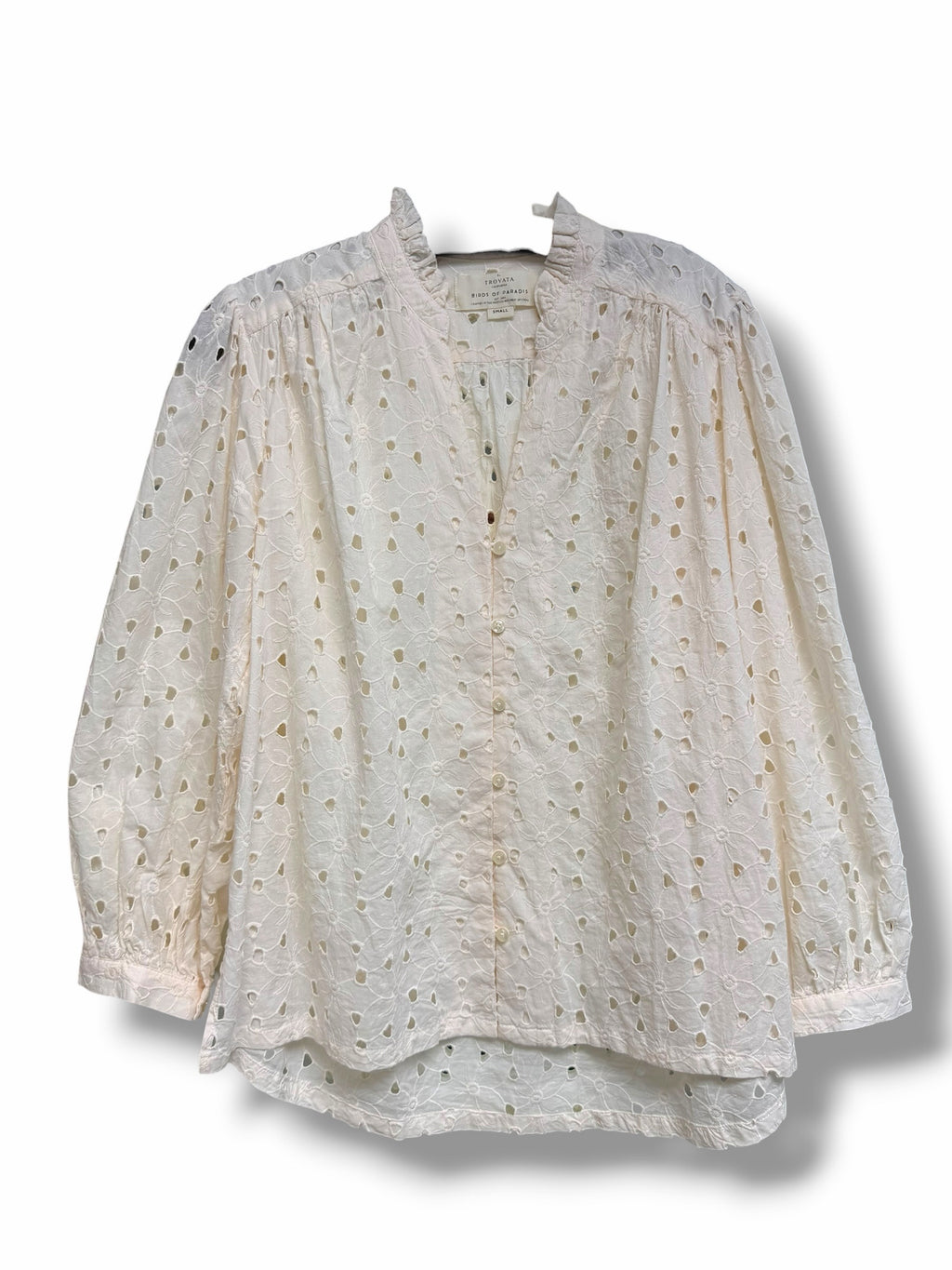 TROVATA BIRDS OF PARADISE QUINCY EYELET RUFFLE COLLAR  BUTTON UP SIZE SMALL