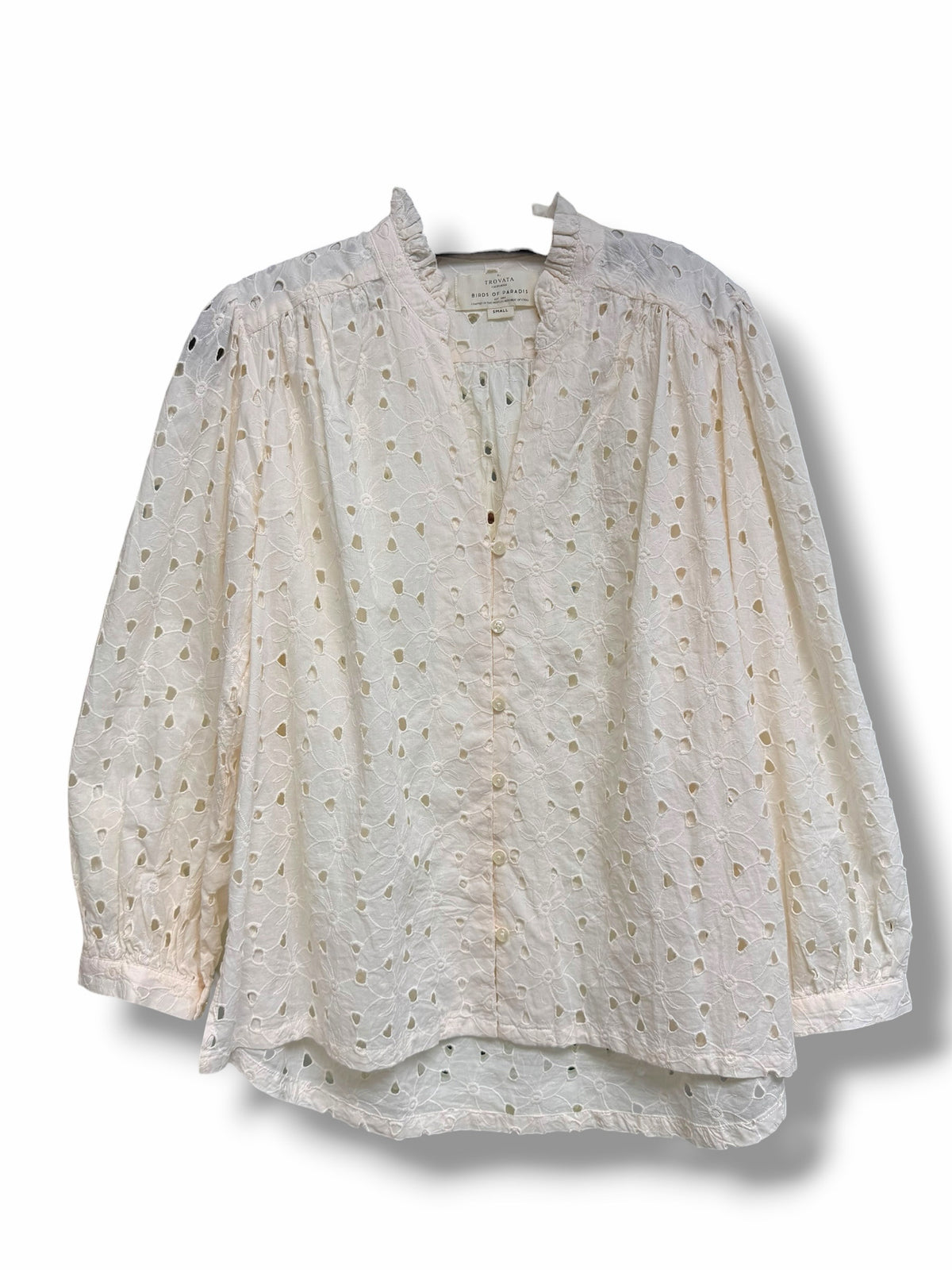 TROVATA BIRDS OF PARADISE QUINCY EYELET RUFFLE COLLAR  BUTTON UP SIZE SMALL