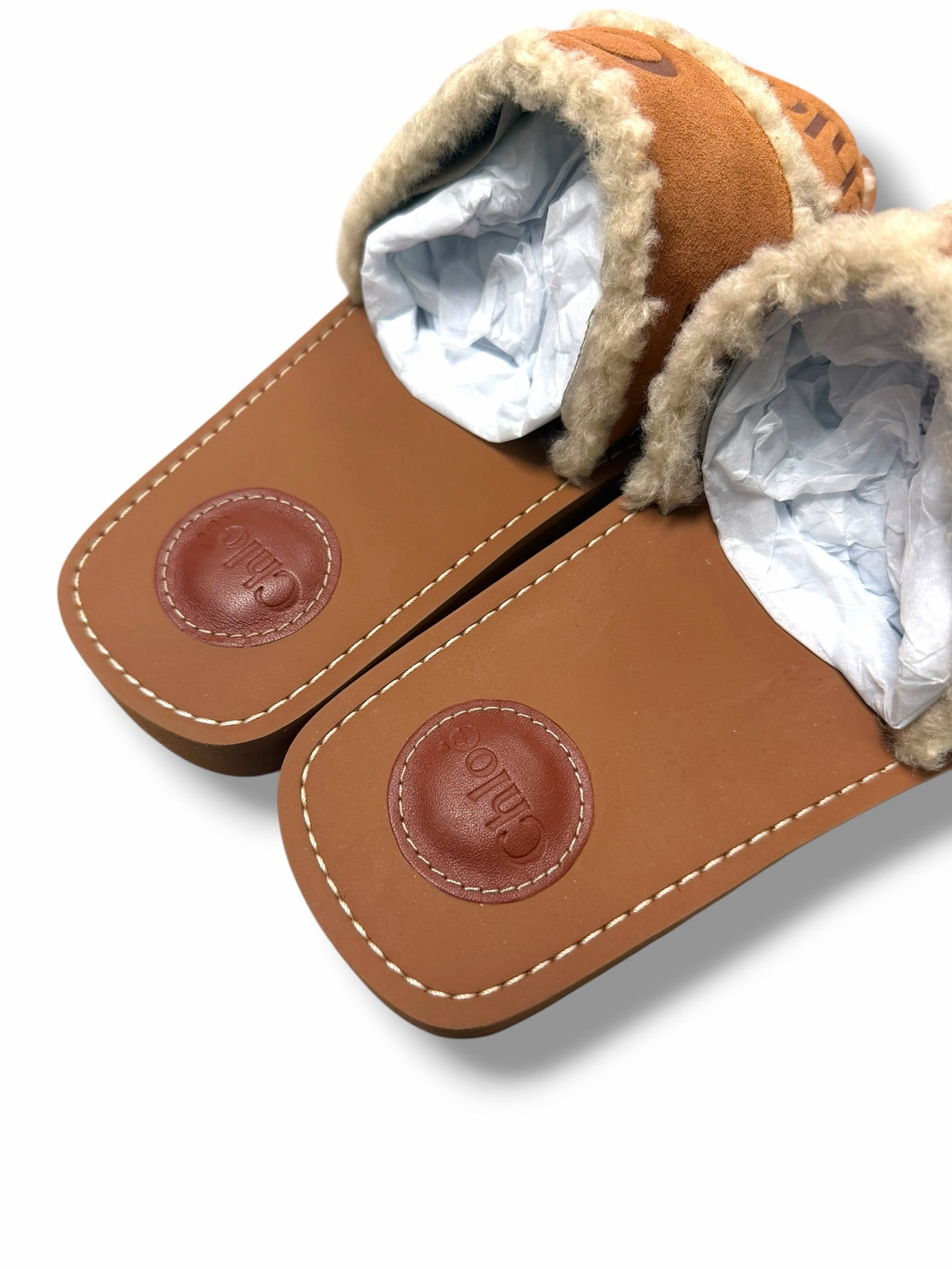 NEW WITH TAGS CHLOE WOODY SHEARLING SLIDE SANDAL CHESTNUT SIZE 39 US 8.5