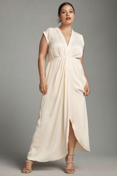 NWT ANTHROPOLOGIE TWIST FRONT SATIN SLEEVELEESS CREAM LONG DRESS SIZE 14