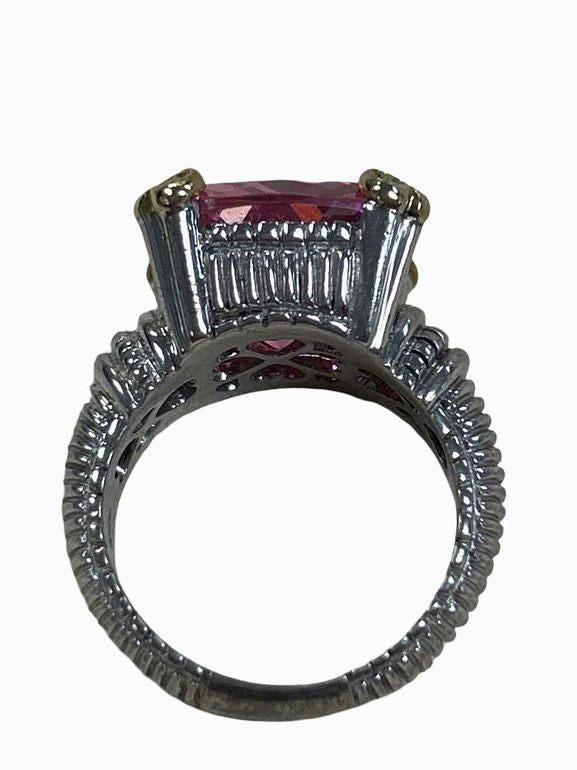 JUDITH RIPKA FONTAINE 18K GOLD STERLING SILVER PINK CRYSTAL DIAMOND HEART RING SIZE: 6