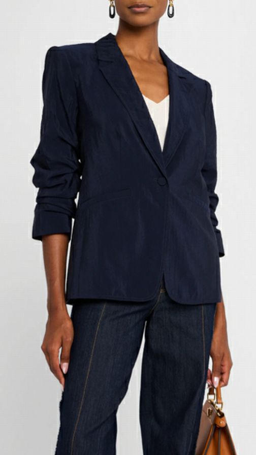 CINQ A SEPT KHLOE RUCHED CREPE NAVY BLAZER SIZE 8