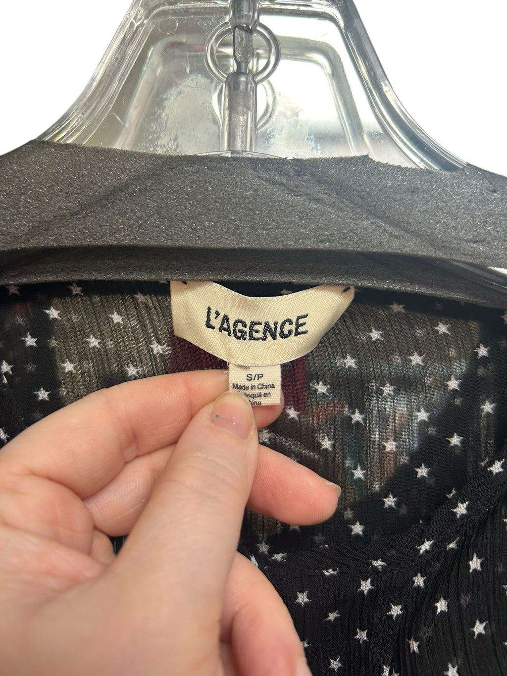 L'AGENCE TABITHA RUFFLE SHEER STAR PRINT BLACK WHITE BLOUSE SIZE SMALL