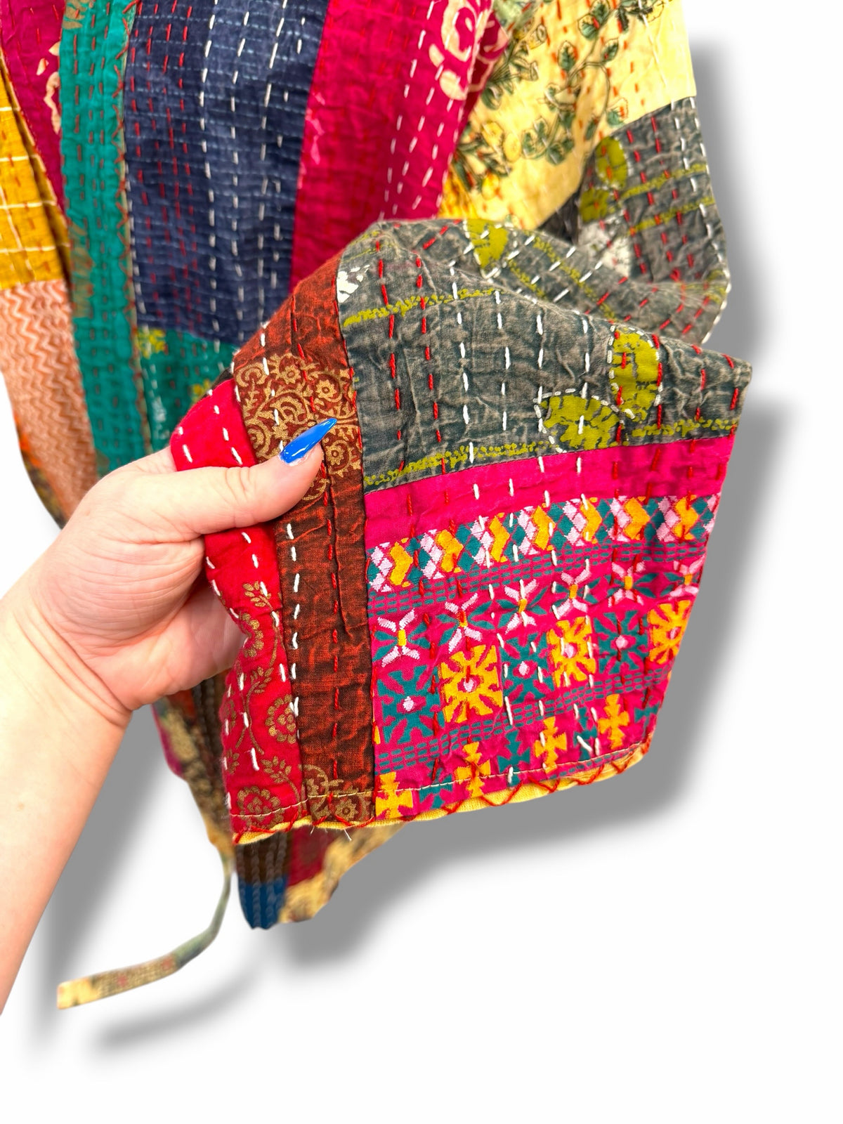 KANTHA UPCYCLED PATCHWORK CONTRAST STITCH BELTED KIMONO ONE SIZE
