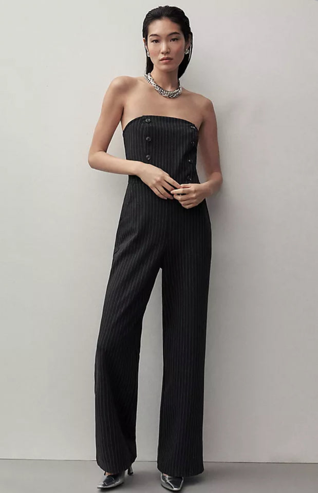 ANTHROPOLOGIE MAEVE PINSTRIPE STRAPLESS JUMPSUIT SIZE: 12