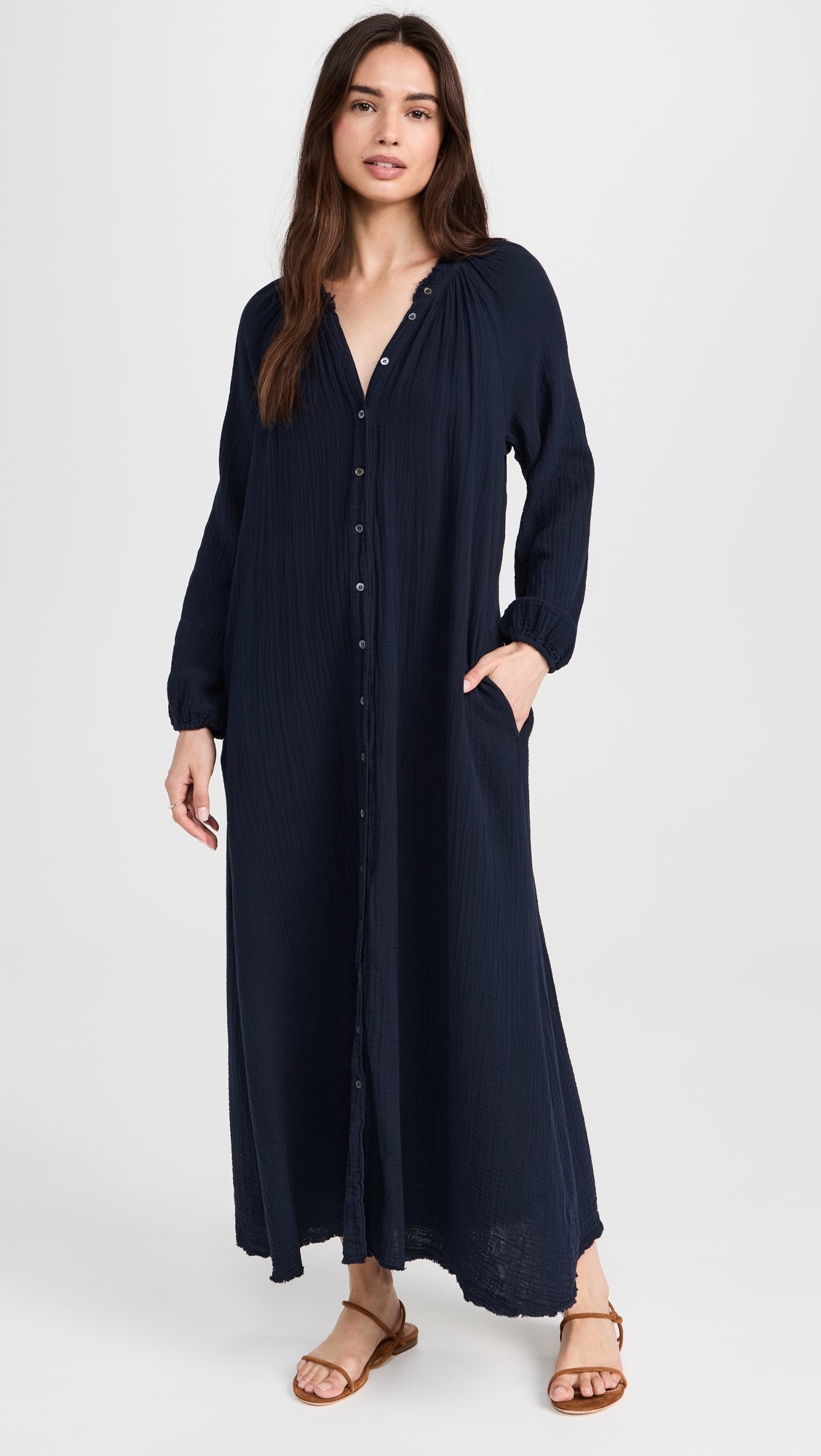 XIRENA ANDREA LS GAUZE MIDI W/BRAIDED BELT NAVY SIZE SMALL