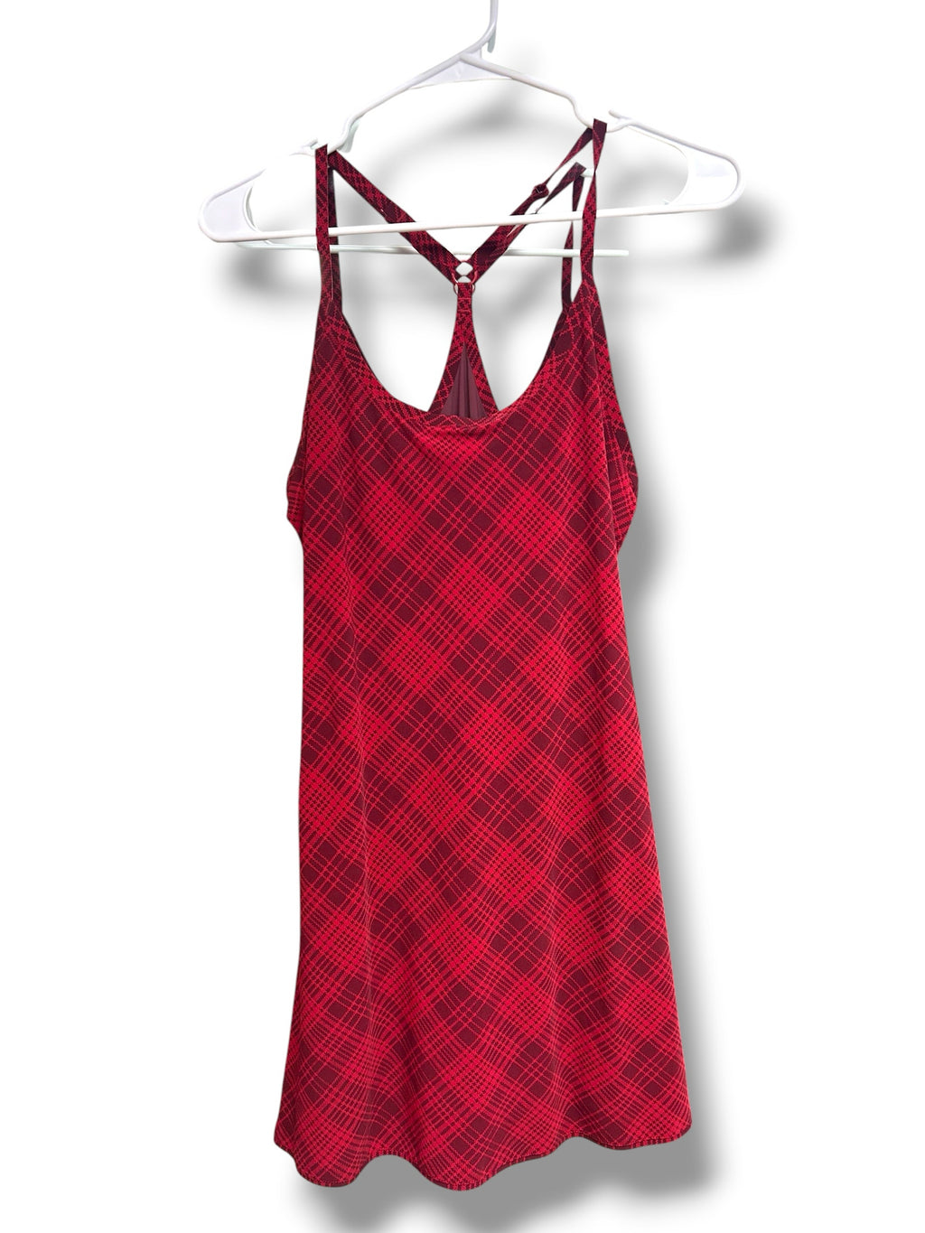 OUTDOOR VOICES THE EXERCISE DRESS IN POMEGRANATE PLAID SIZE MEDIUM