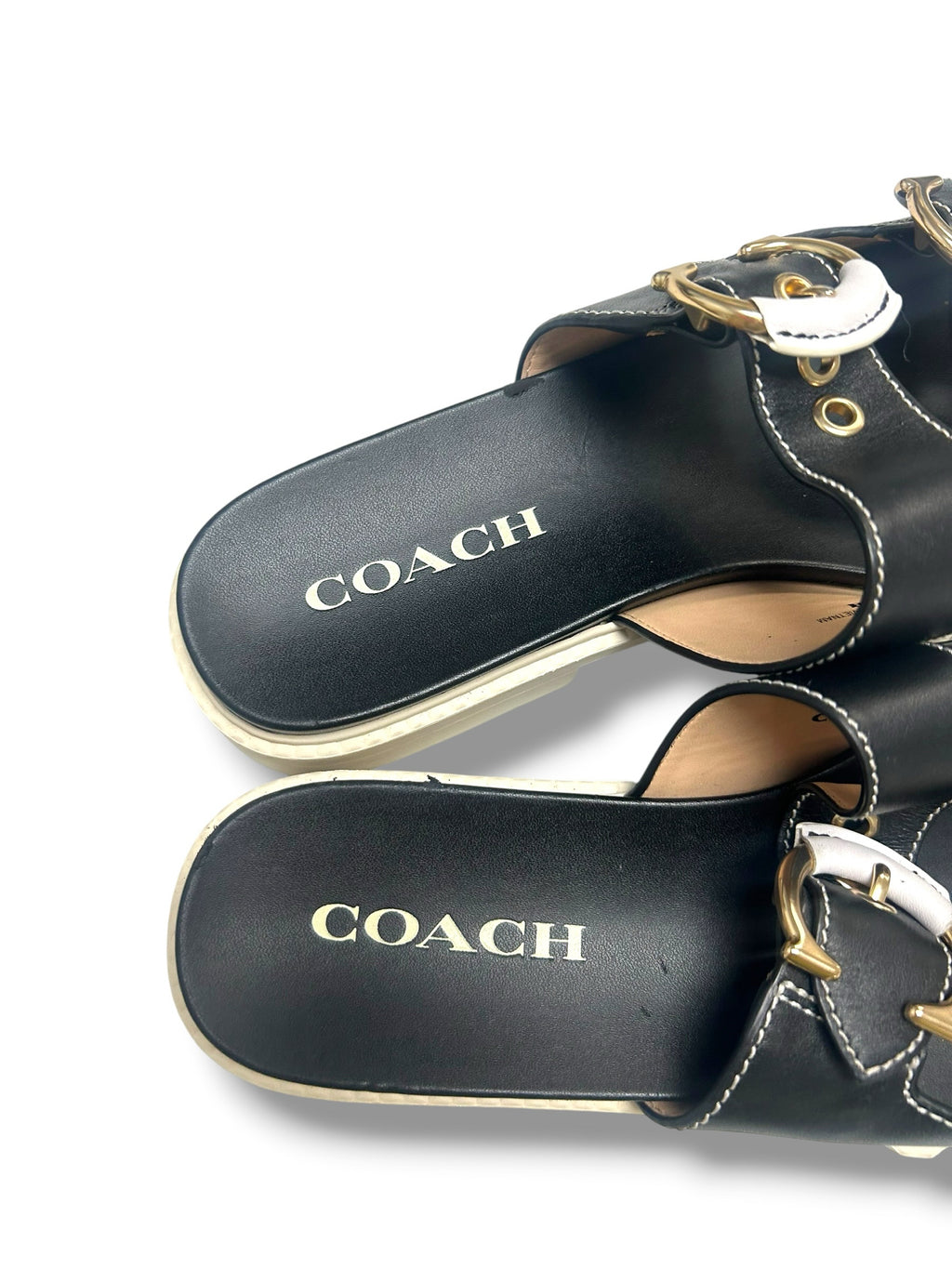 COACH BUCKLE PIPER BLACK CREAM PLATFORM SLIDE SANDALS SIZE 8.5
