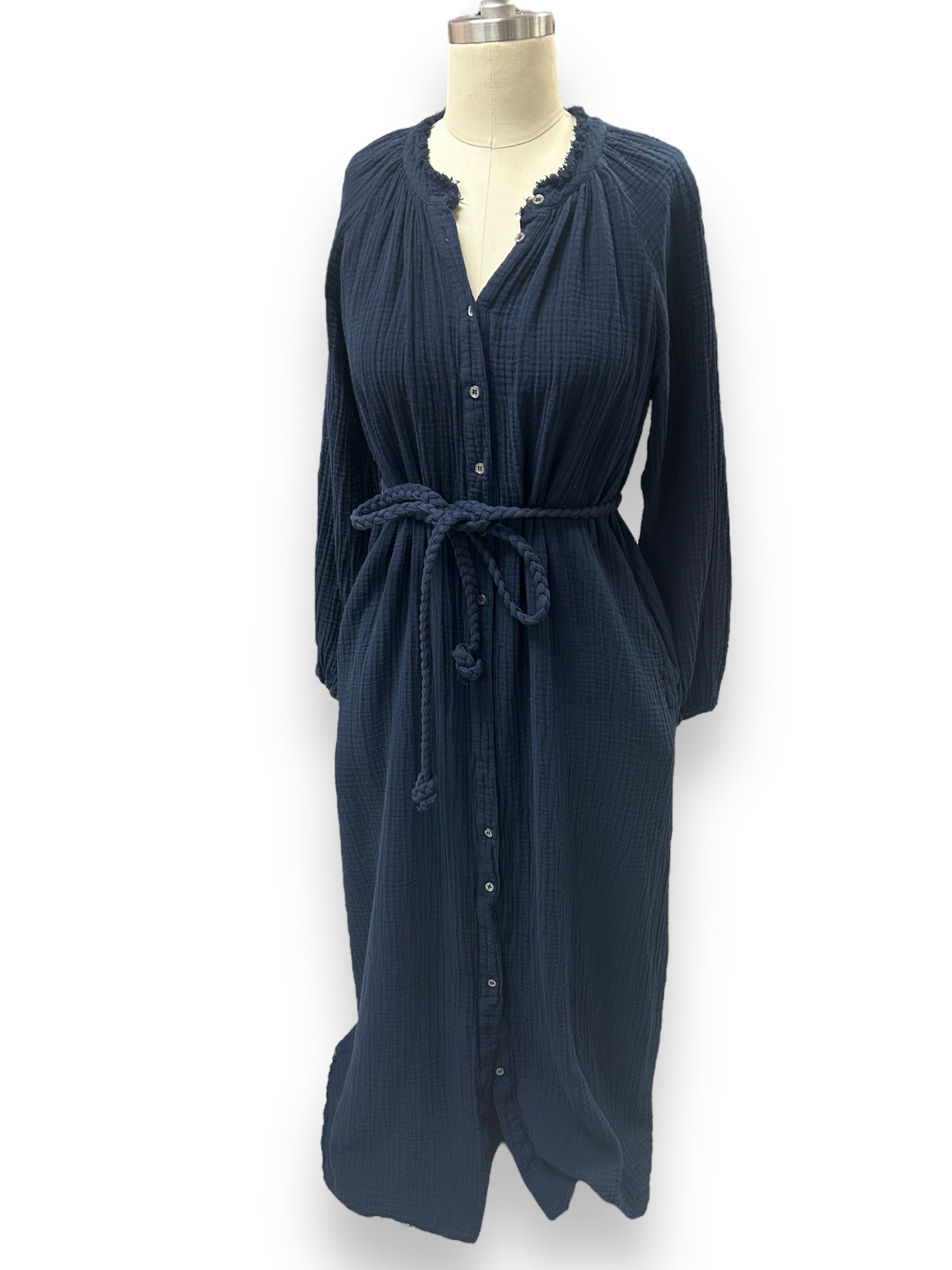 XIRENA ANDREA LS GAUZE MIDI W/BRAIDED BELT NAVY SIZE SMALL
