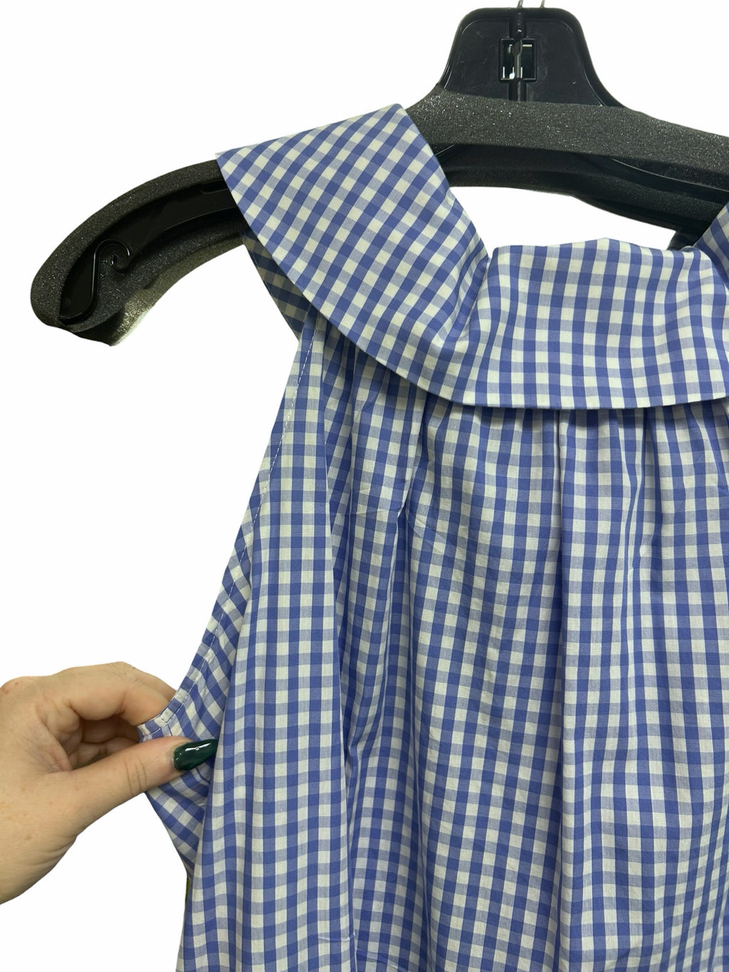 SARA CAMPBELL BLUE GINGHAM PETER PAN COLLAR SLEEVELESS BUTTON BACK BLOUSE SIZE L