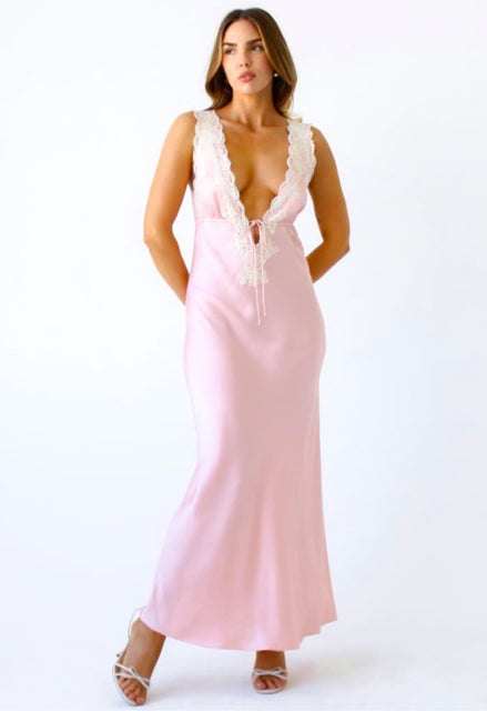 REVOLVE RUMORED VENICE SATIN MAXI DRESS LIGHT PINK LACE SIZE MEDIUM