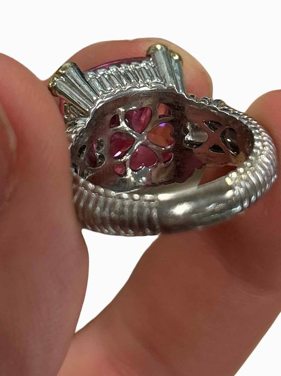 JUDITH RIPKA FONTAINE 18K GOLD STERLING SILVER PINK CRYSTAL DIAMOND HEART RING SIZE: 6