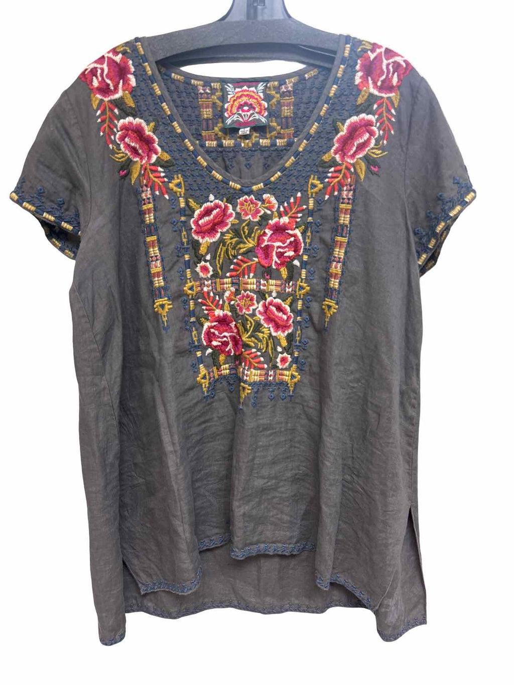 JOHNNY WAS DELPHINE LINEN SPLIT HEM EMBROIDERED TUNIC SIZE: L