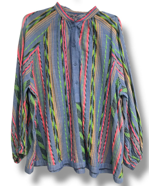 ANTHROPOLOGIE DEVOTION TWINS OPALIOS STRIPED NEON BLOUSE SIZE SMALL