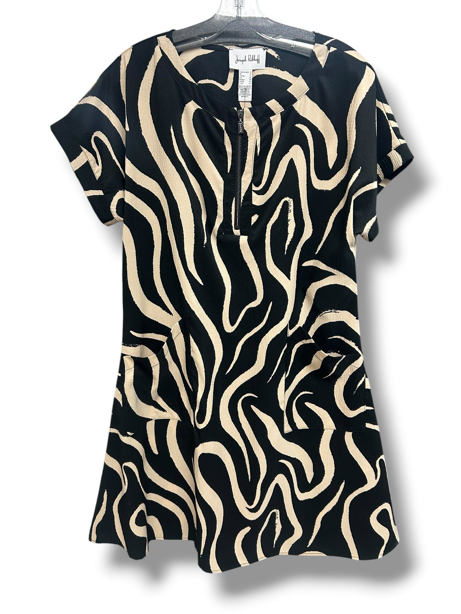 JOSEPH RIBKOFF BLACK PARCHMENT SEERSUCKER ABSTRACT PRINT A LINE DRESS SIZE 8