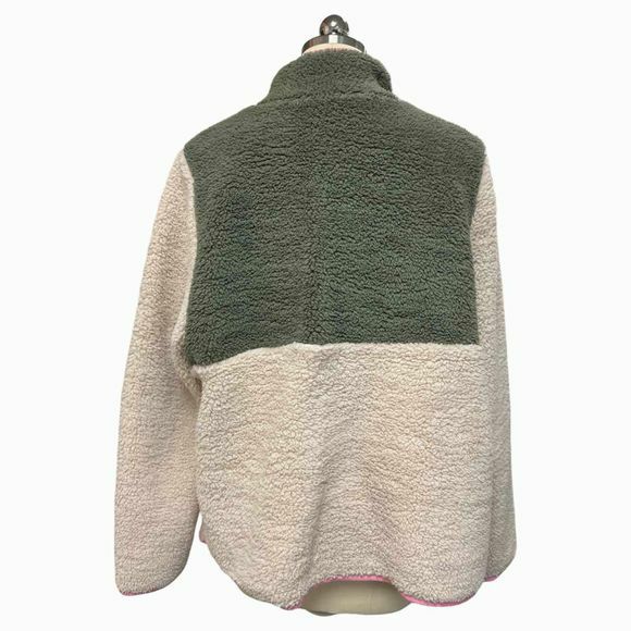 BODEN GREAT HALF ZIP OLIVE/CREAM SHERPA FLEECE SIZE 16