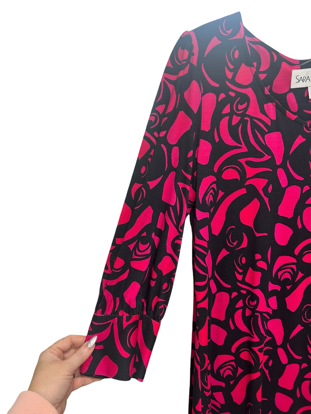 SARA CAMPBELL RUE MIDI PINK BLACK 3/4 V NECK DRESS SIZE LARGE