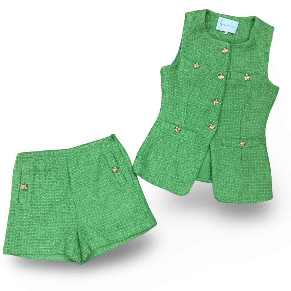ENDLESS ROSE KELLY GREEN TWEED SPLIT TOP SHORT SET SIZE XS