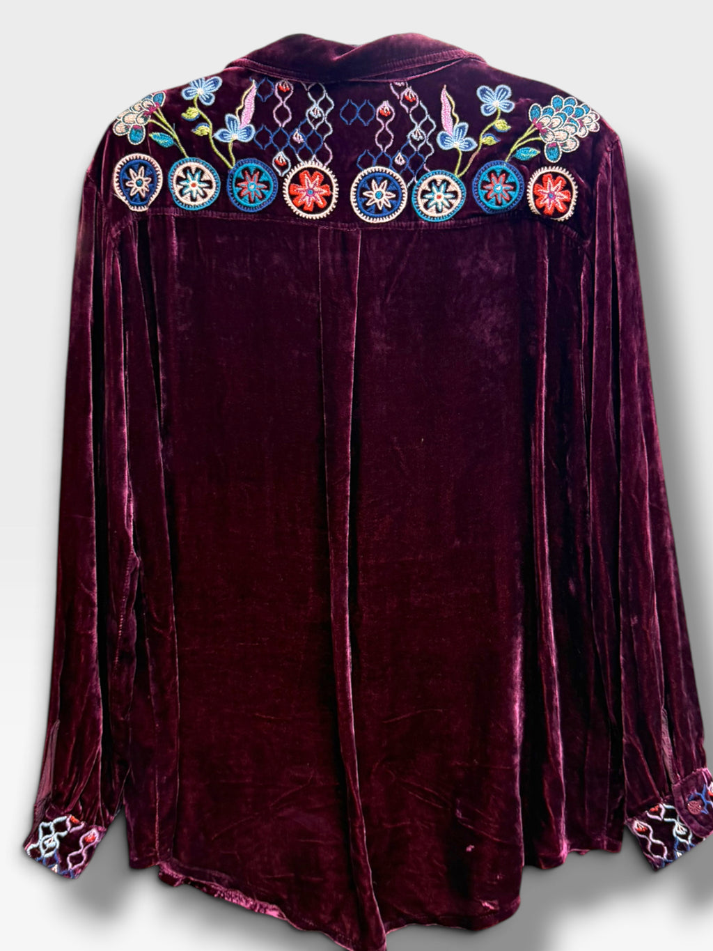 JOHNNY WAS PACIFICA VELVET OVERSIZED SILK BLEND EMBROIDERED SHIRT SIZE S