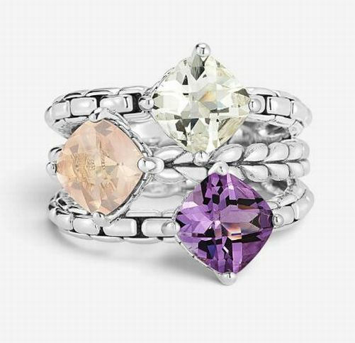 JAI JOHN HARDY STERLING SILVER STACKED GEMSTONE RING AMETHYST & TOPAZ SIZE 7