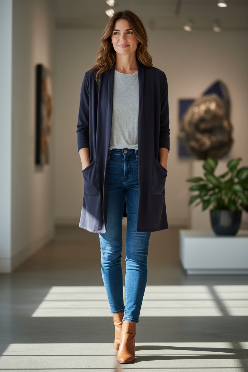 EILEEN FISHER NAVY TENCEL OPEN COLLARLESS KNIT CARDIGAN SIZE XL