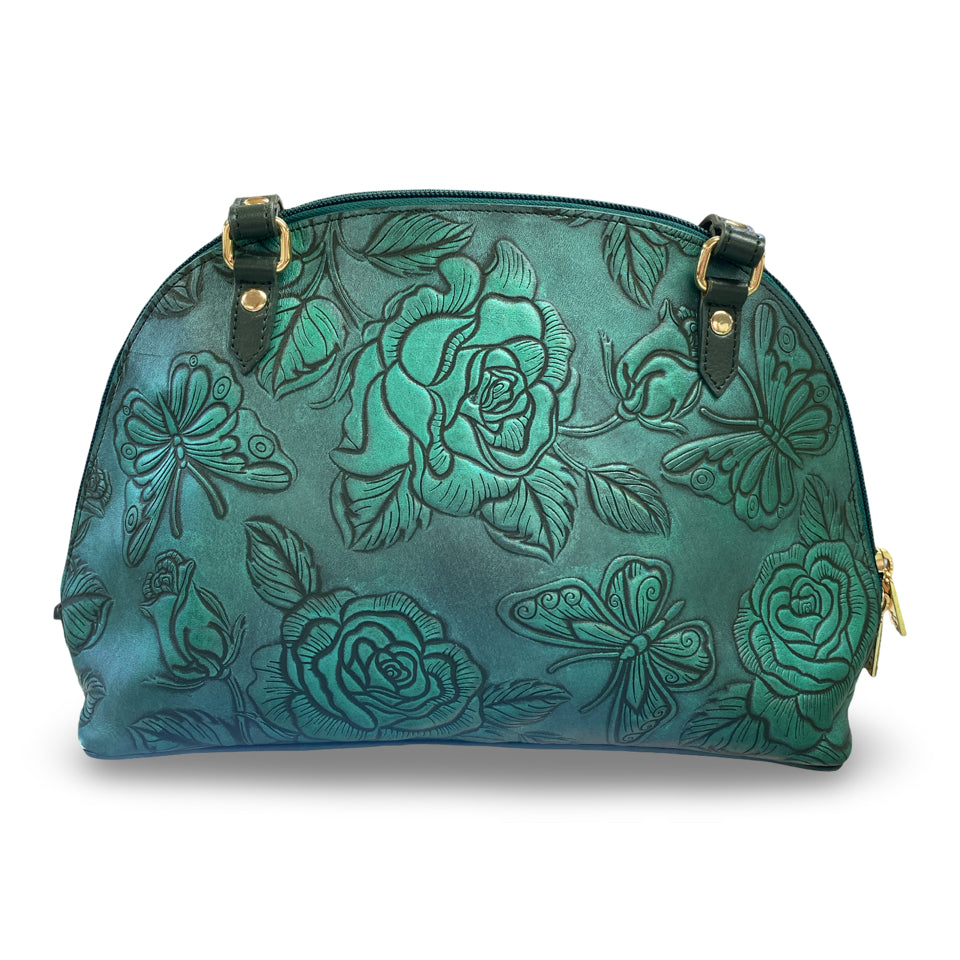 ANUSCHKA NWT ZIP AROUND DOME SATCHEL TOOLED BUTTERFLY EMERALD