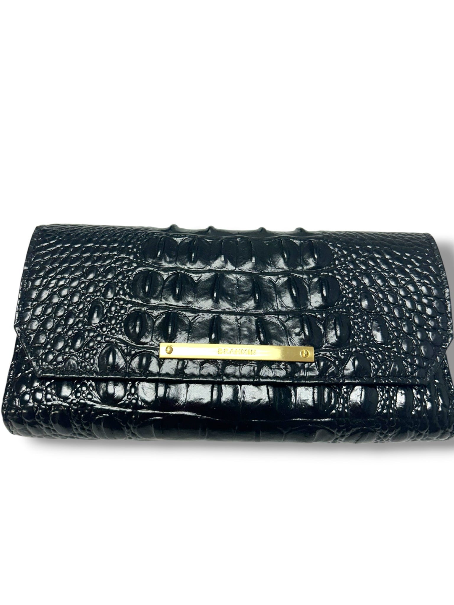 BRAHMIN CORDELIA BLACK CROC EMBOSSED FOLD OVER WALLET IN BLACK MELBOURNE