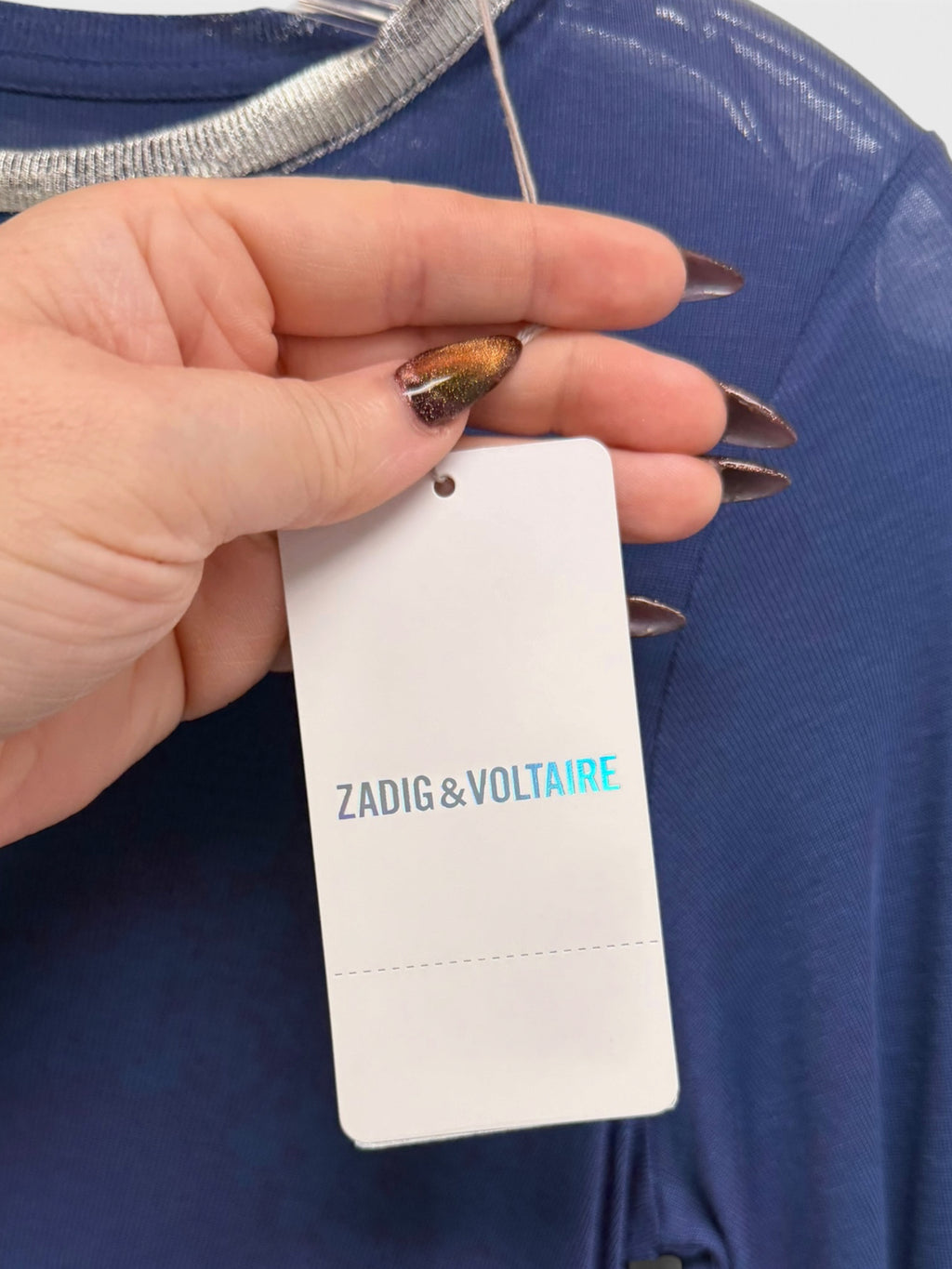 NWT ZADIG & VOLTAIRE WILLY FOIL TOP PACIFIC BLUE SILVER TRIM SIZE SMALL
