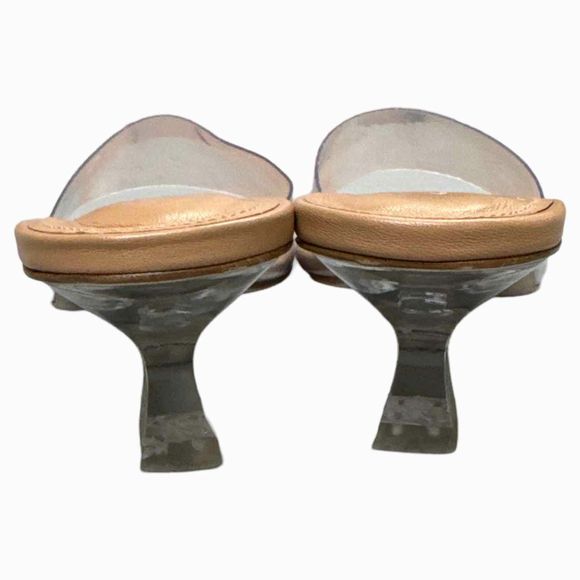 LAURROUDE VIVI LUCITE MULE IN TAN LEATHER AND VINYL SIZE 9