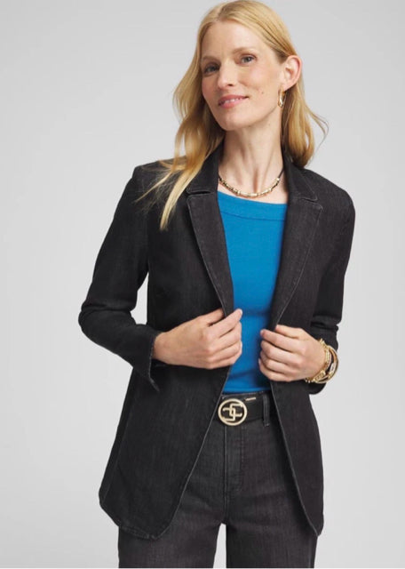 NWT CHICO'S BLACK STRETCH DENIM SINGLE BUTTON BLAZER SIZE 0 US SMALL