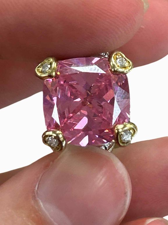 JUDITH RIPKA FONTAINE 18K GOLD STERLING SILVER PINK CRYSTAL DIAMOND HEART RING SIZE: 6