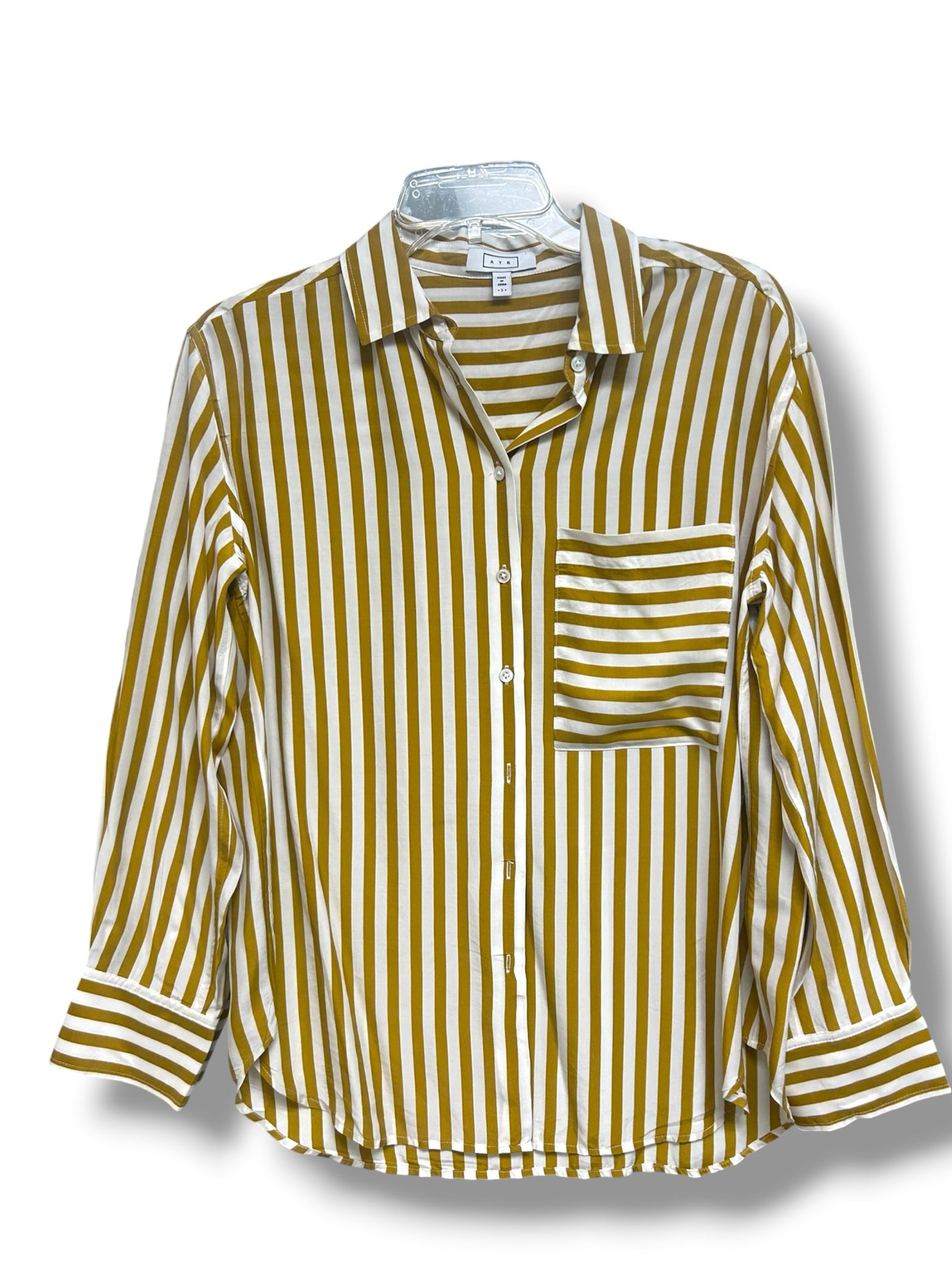 AYR THE DEEP END YELLOW STRIPE SILK BLEND BUTTON DOWN BLOUSE SIZE SMALL