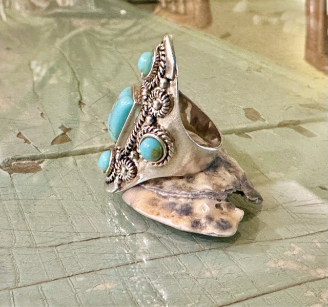 925 HOWLITE TURQUOISE MULTI STONE ELONGATED RING CFJ THAI