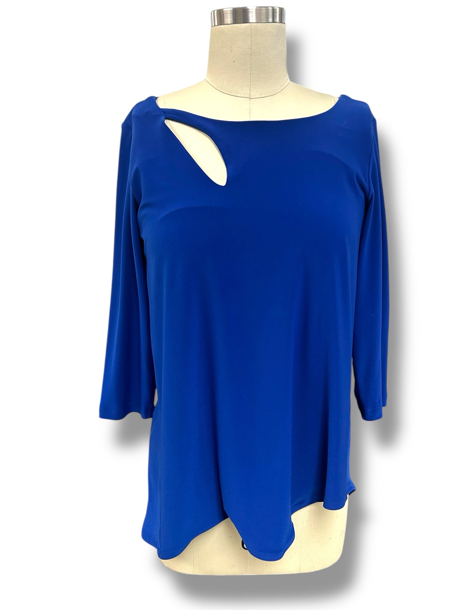 SIMPLI COBALT BLUE ASSYMETRICAL 3/4 SLEEVE WITH CUT OUT BLOUSE SIZE 6