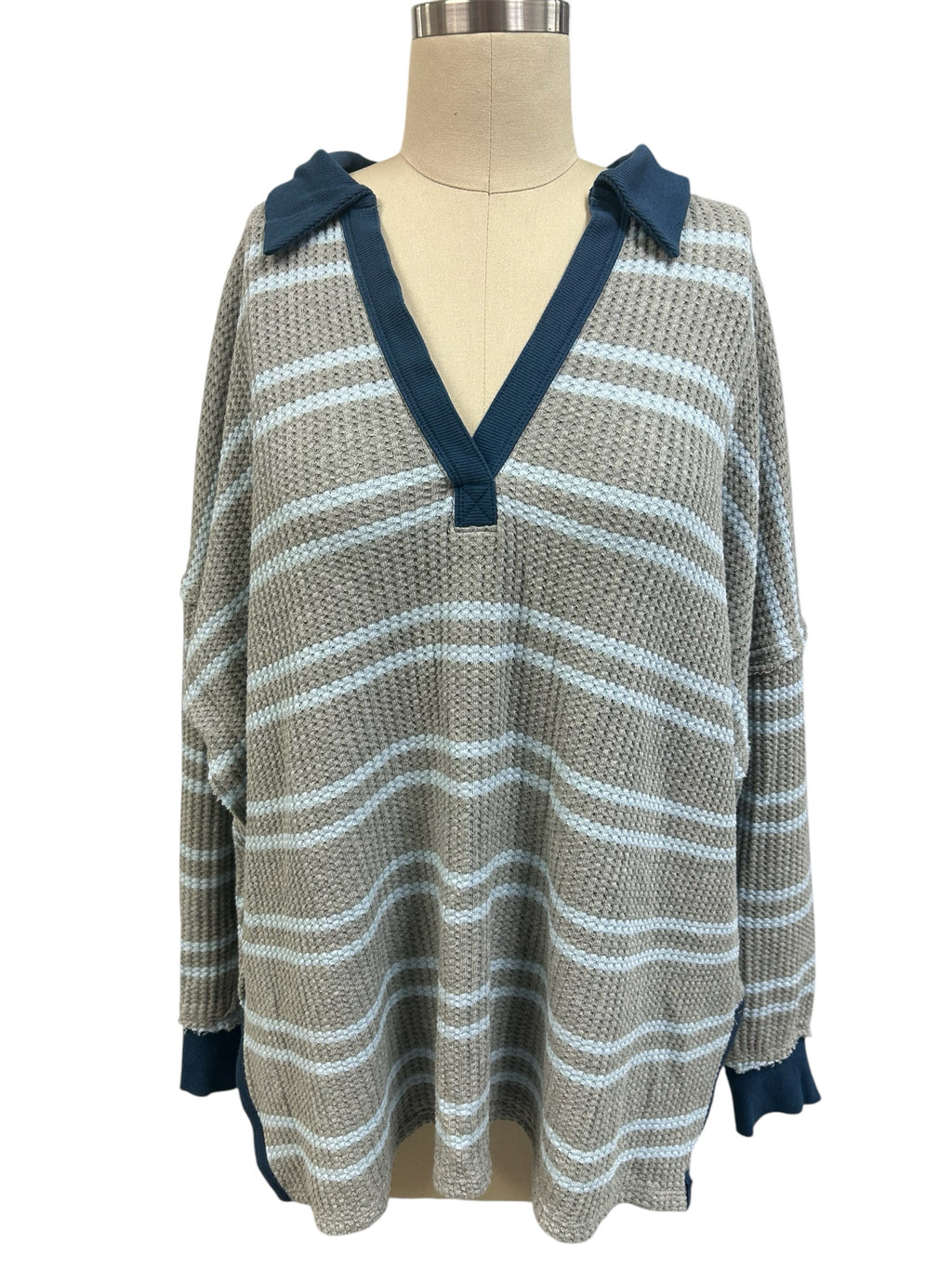 WE THE FREE NWT STRIPED TRAVIS THERMAL POLO GREY BLUE SIZE XS