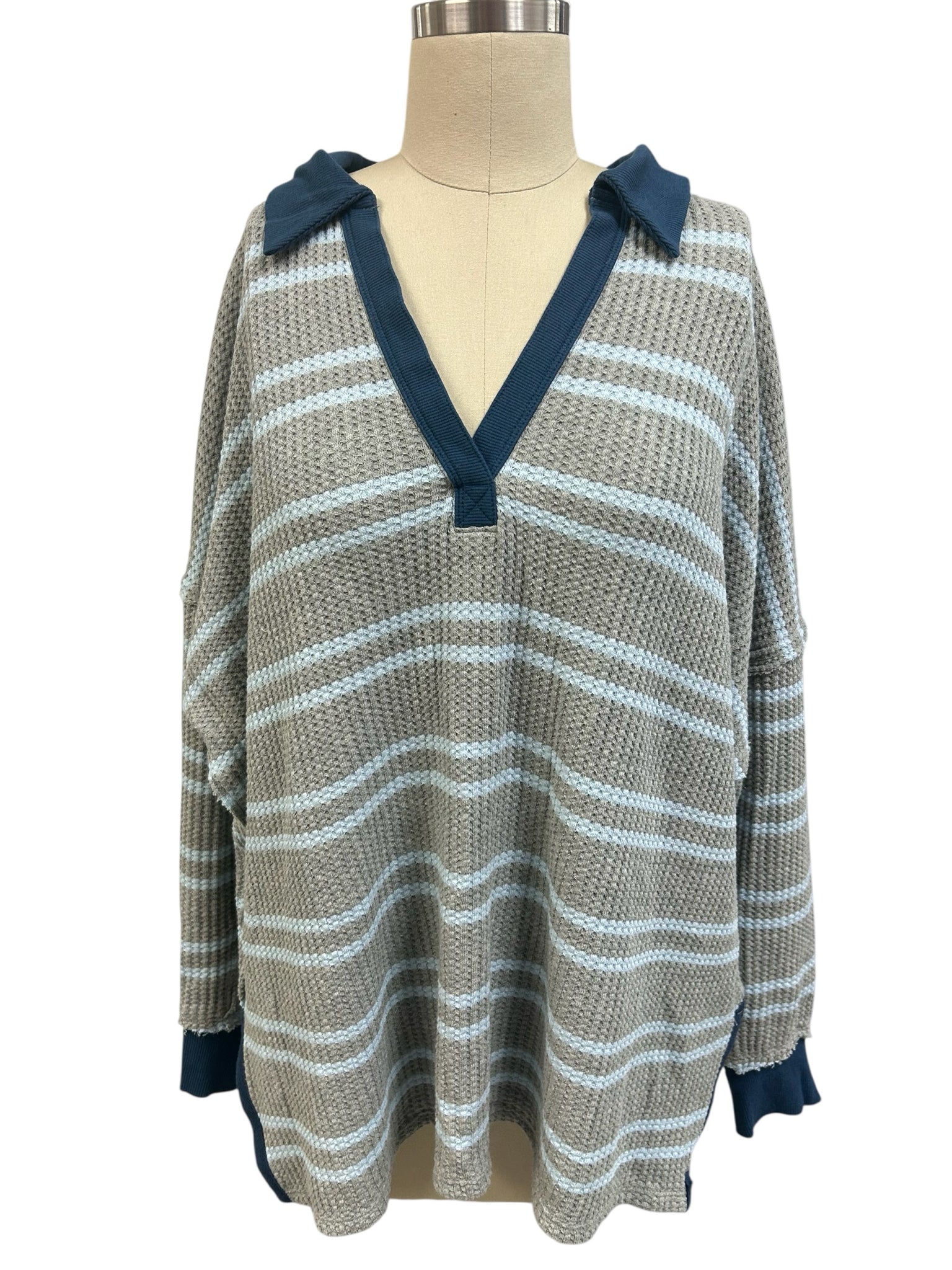 WE THE FREE NWT STRIPED TRAVIS THERMAL POLO GREY BLUE SIZE XS