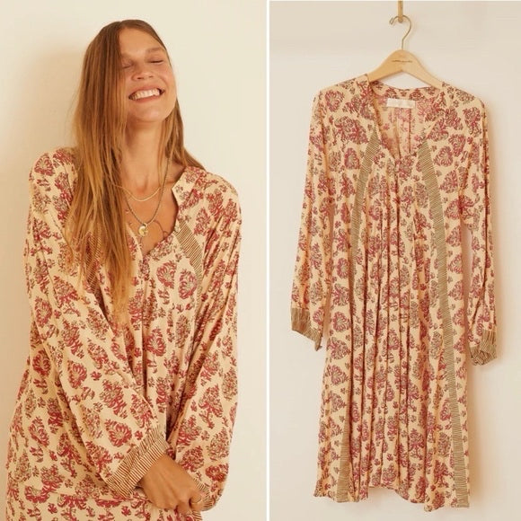 NATALIE MARTIN FIORE CYPRUS PINK BATICK PRINT WESTERN BOHO DRESS XS