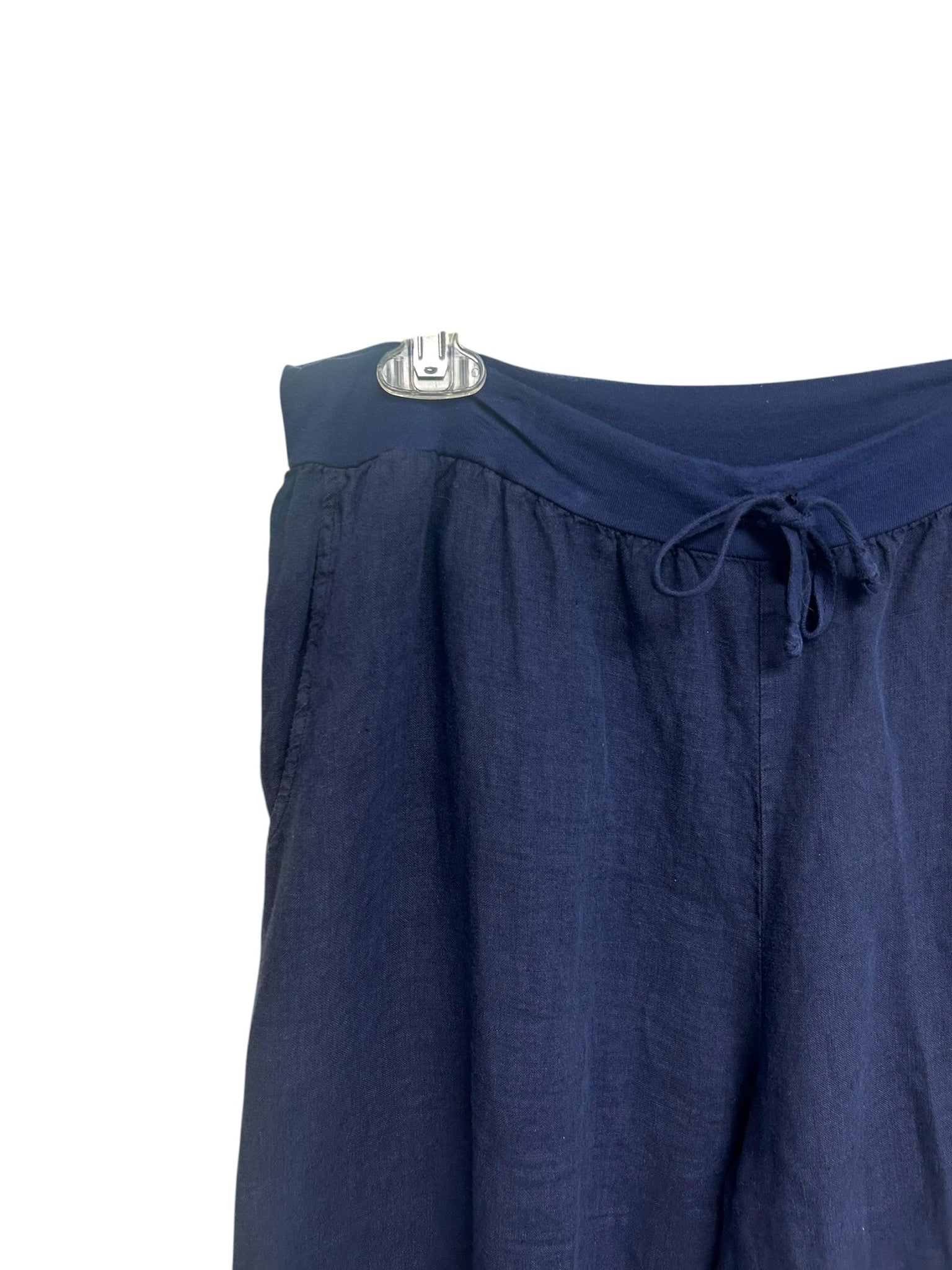 FLAX NAVY BLUE LINEN WIDE LEG LAGENLOOK PULL ON PANTS SIZE MEDIUM