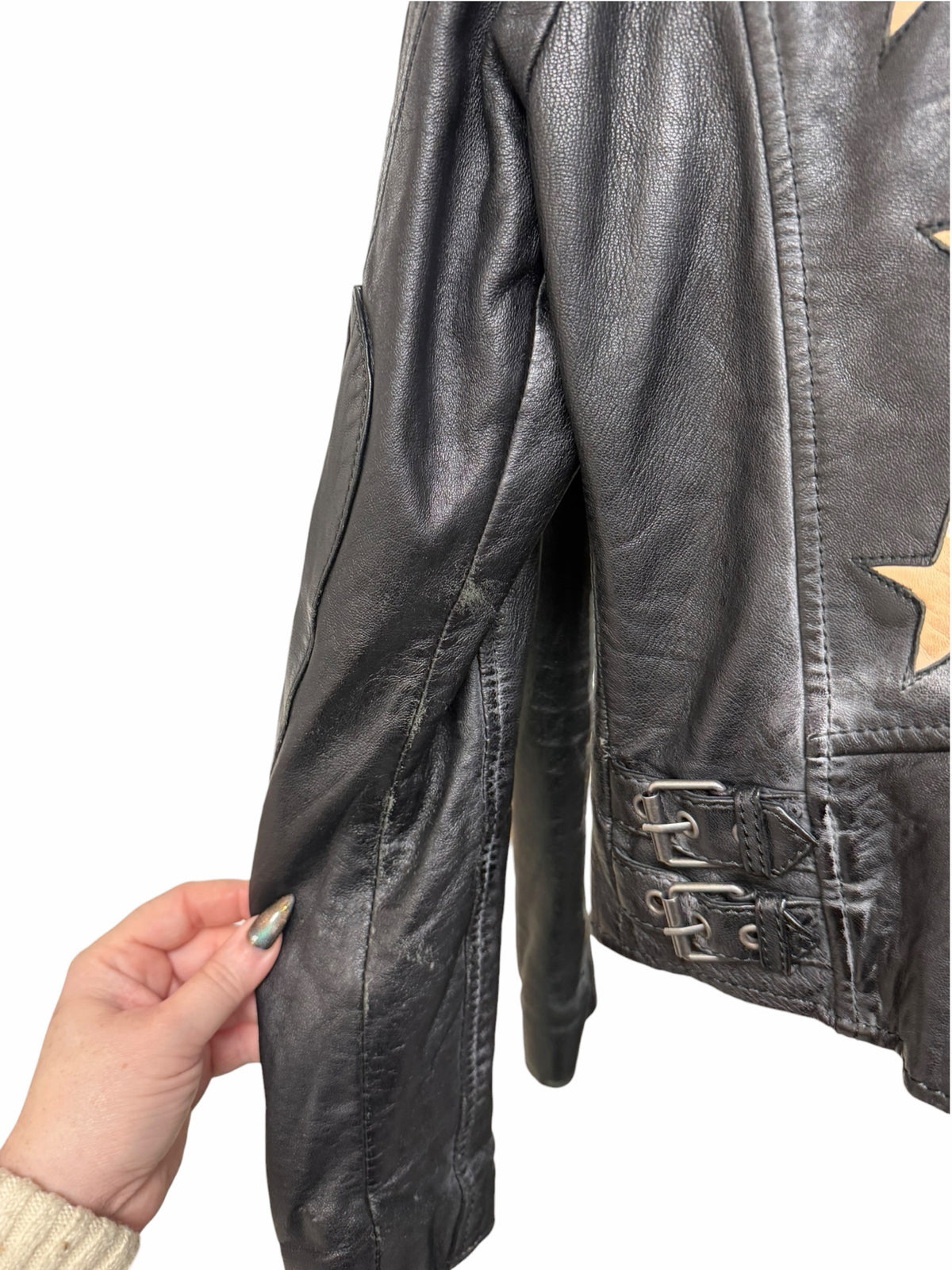ANTHROPOLOGIE MAURITIUS CHRISTY LEATHER MOTO JACKET BLACK STAR SIZE 6
