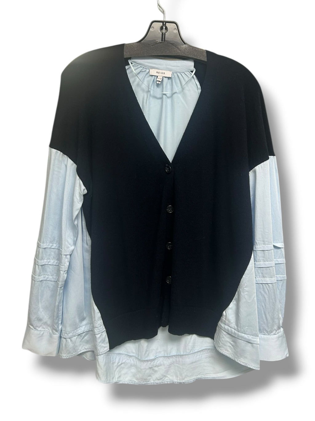 REISS ADDISON COLOR BLOCK RELAXED HYBRID NAVY BLUE CARDIGAN SIZE 6