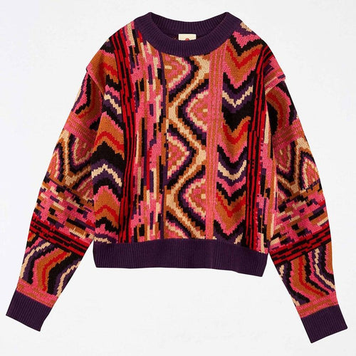 ANTHROPOLOGIE FARM RIO RED STRIPED PATCHES SWEATER SIZE SMALL MULTI