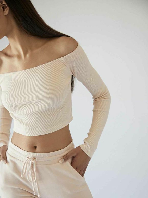 LANSTON DECLAN RIBBED OFF THE SHOULDER NUDE CROP TOP SIZE S