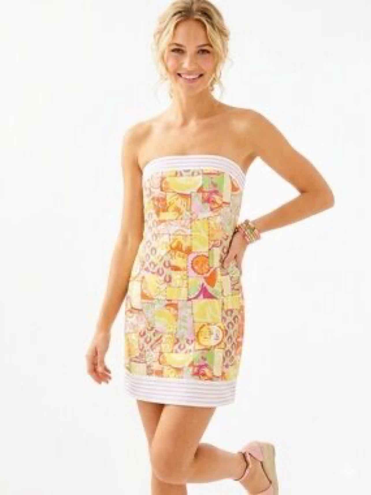 LILLY PULITZER BOWN STRAPLESS DRESS SUN PATCH HAPPIEST HOUR SIZE: 12 – WEARHOUSE CONSIGNMENT