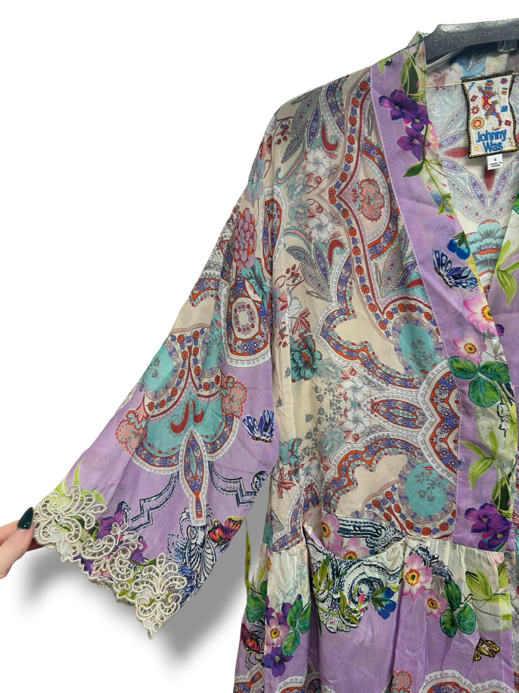 JOHNNY WAS KIMONO TUNIC GREENRIDGE FLORAL BUTTERFLY LACE TRIM SIZE SMALL
