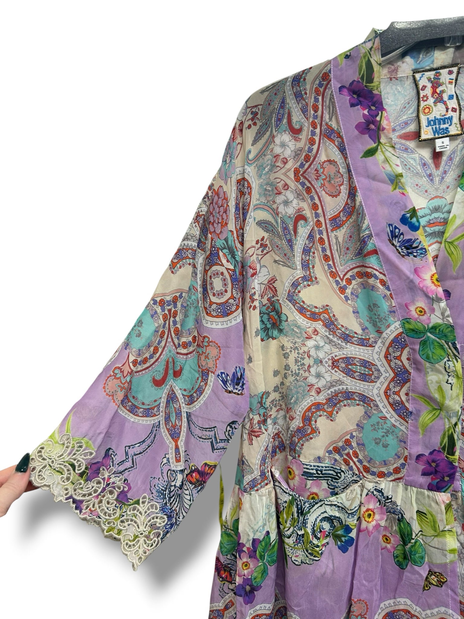 JOHNNY WAS KIMONO TUNIC GREENRIDGE FLORAL BUTTERFLY LACE TRIM SIZE SMALL