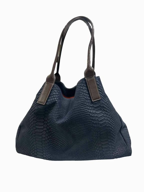 J MCLAUGHLIN PYTHON EMBOSSED SUEDE SHOPPER TOTE