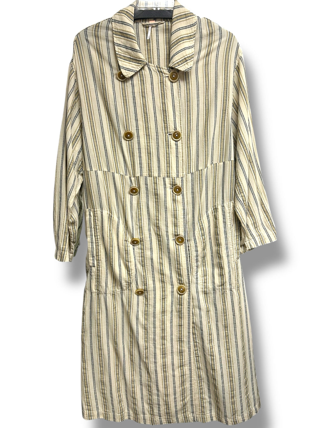 FREE PEOPLE NWT SWEET MELODY TRENCH LONG STRIPE DOUBLE BREASTED SIZE M