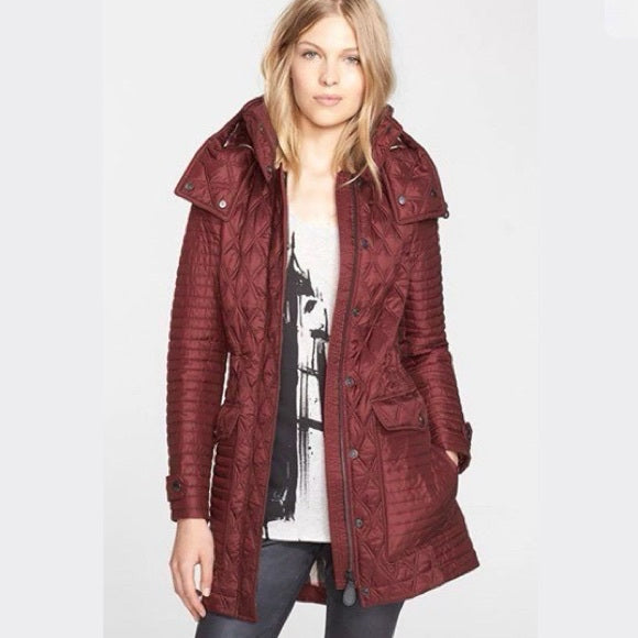 BURBERRY BRIT QUILTED BURGUNDY FINSBRIDGE BAUGHTON HOODED JACKET SIZE L