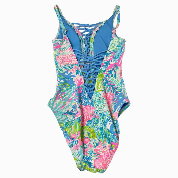 LILLY PULITZER ISLE LATTICE BLUE/PINK SWIMSUIT SIZE 2